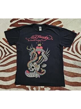 Vintage Y2K Ed Hardy New York City T-Shirt Black Eagle Skull Snake Audigier Sz L